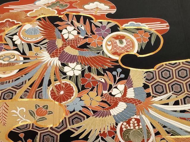 平和屋着物■豪華黒留袖　駒刺繍　鳳凰吉祥花丸文　金彩　正絹　逸品　CABF9335ev 平和屋着物□豪華黒留袖 駒刺繍 鳳凰吉祥花丸文 金彩 正絹 逸品