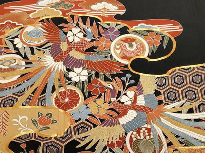 平和屋着物■豪華黒留袖 駒刺繍 鳳凰吉祥花丸文 金彩 正絹 逸品 CABF9335ev