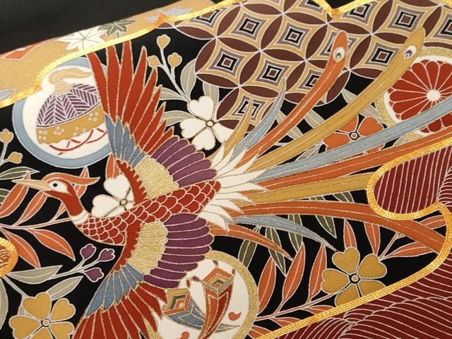 平和屋着物■豪華黒留袖　駒刺繍　鳳凰吉祥花丸文　金彩　正絹　逸品　CABF9335ev 平和屋着物□豪華黒留袖 駒刺繍 鳳凰更紗花文 金彩 正絹 逸品