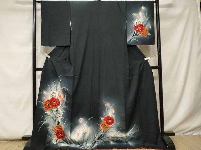 平和屋着物■訪問着 草花文 暈し染め 黒地 ロング丈 正絹 逸品 CABF9383ev