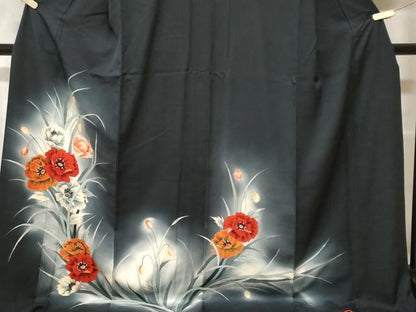 平和屋着物■訪問着 草花文 暈し染め 黒地 ロング丈 正絹 逸品 CABF9383ev
