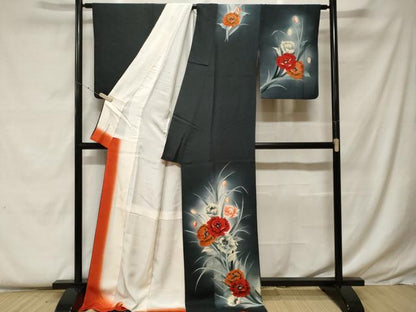 平和屋着物■訪問着 草花文 暈し染め 黒地 ロング丈 正絹 逸品 CABF9383ev