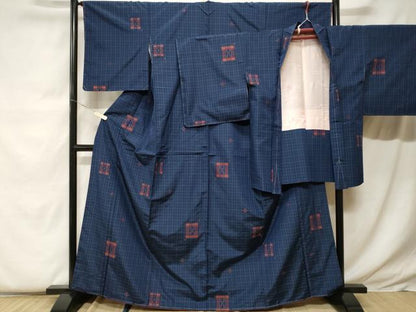 平和屋着物■琉球格子大島紬　羽織セット　花織　琉球柄　証紙付き　正絹　逸品　未使用　CABF9460ev
