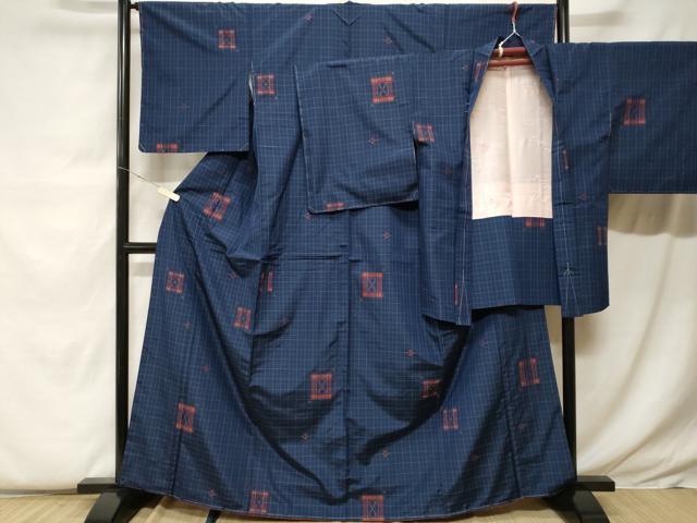 平和屋着物■琉球格子大島紬　羽織セット　花織　琉球柄　証紙付き　正絹　逸品　未使用　CABF9460ev