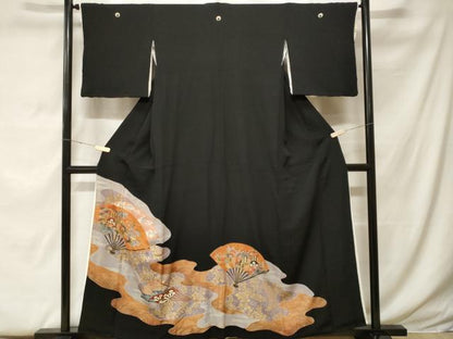 平和屋着物■豪華黒留袖　道長扇面御所車花文　金彩　正絹　逸品　CABF9517ev