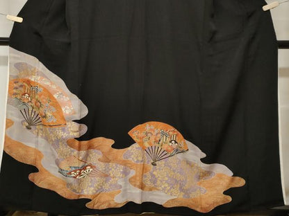 平和屋着物■豪華黒留袖　道長扇面御所車花文　金彩　正絹　逸品　CABF9517ev