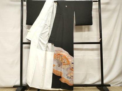平和屋着物■豪華黒留袖　道長扇面御所車花文　金彩　正絹　逸品　CABF9517ev