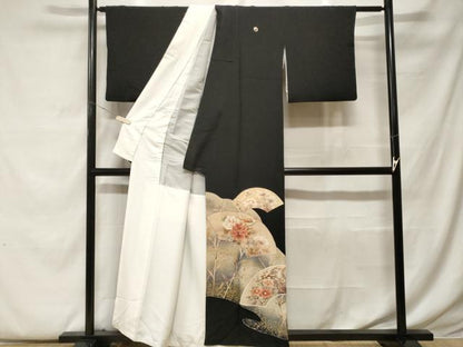 平和屋着物■豪華黒留袖　地紙休み鳥枝花文　暈し染め　金彩　正絹　逸品　CABF9520ev