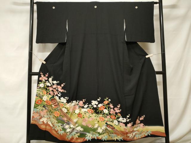 平和屋着物■豪華黒留袖　駒刺繍　尾長鳥笹椿梅文　金彩　正絹　逸品　CABF9521ev