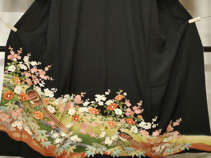 平和屋着物■豪華黒留袖　駒刺繍　尾長鳥笹椿梅文　金彩　正絹　逸品　CABF9521ev