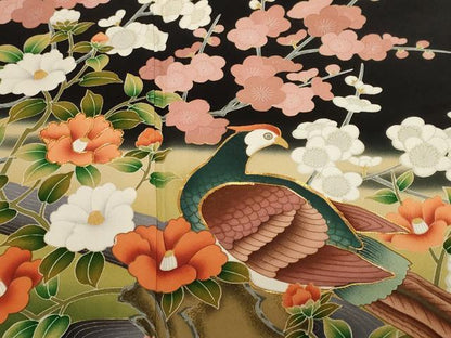 平和屋着物■豪華黒留袖　駒刺繍　尾長鳥笹椿梅文　金彩　正絹　逸品　CABF9521ev