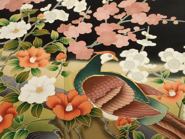 平和屋着物■豪華黒留袖　駒刺繍　尾長鳥笹椿梅文　金彩　正絹　逸品　CABF9521ev