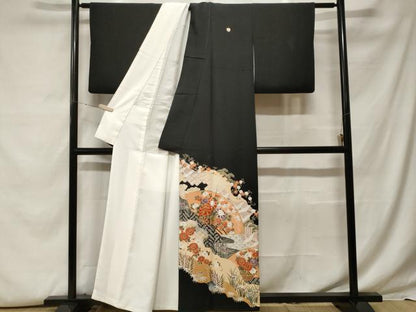 平和屋着物■豪華黒留袖　道長地紙花車文　金彩　正絹　逸品　CABF9535ev