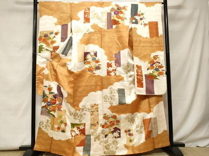 平和屋着物■豪華振袖　駒刺繍　雲取り色紙草花文　金彩　正絹　逸品　CABF9558ev