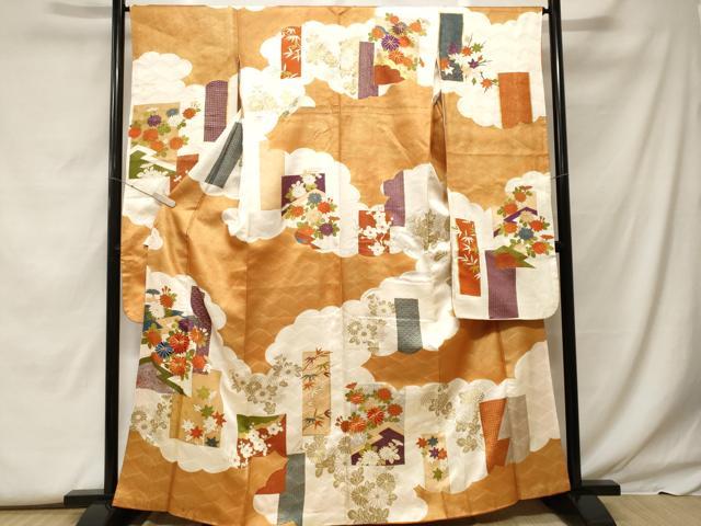 平和屋着物■豪華振袖　駒刺繍　雲取り色紙草花文　金彩　正絹　逸品　CABF9558ev