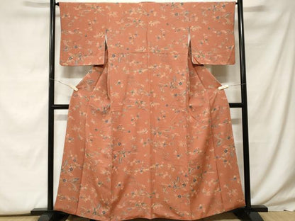 平和屋着物■上質な小紋　型染め　流水花蝶文　鬼しぼ縮緬　正絹　逸品　CABF9618ev