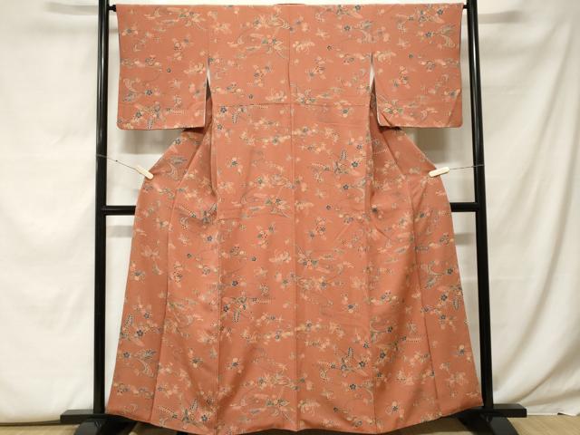 平和屋着物■上質な小紋　型染め　流水花蝶文　鬼しぼ縮緬　正絹　逸品　CABF9618ev