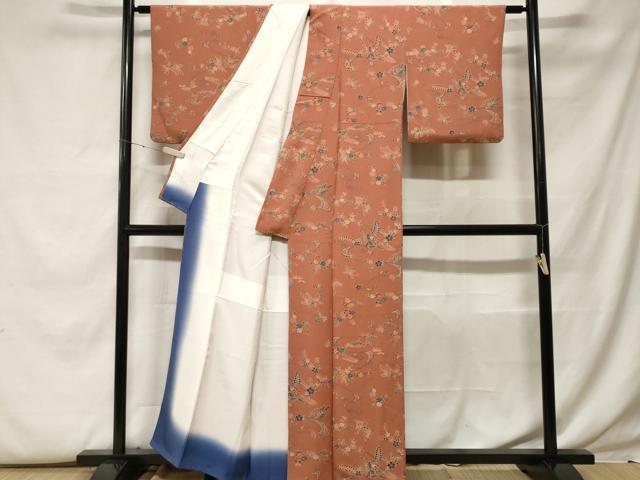 平和屋着物■上質な小紋　型染め　流水花蝶文　鬼しぼ縮緬　正絹　逸品　CABF9618ev