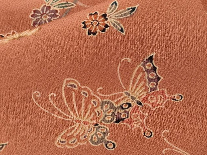 平和屋着物■上質な小紋　型染め　流水花蝶文　鬼しぼ縮緬　正絹　逸品　CABF9618ev