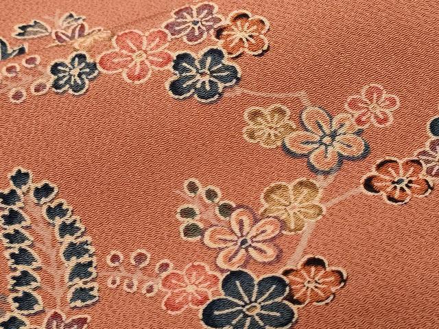 平和屋着物■上質な小紋　型染め　流水花蝶文　鬼しぼ縮緬　正絹　逸品　CABF9618ev