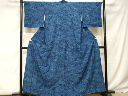 平和屋着物■小紋　藍　型染め　花蝶文　洗える着物　CABF9627ev