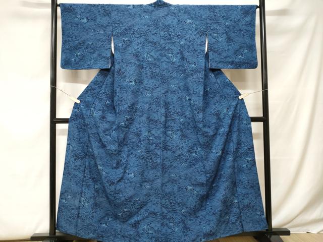 平和屋着物■小紋　藍　型染め　花蝶文　洗える着物　CABF9627ev