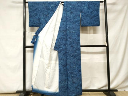 平和屋着物■小紋　藍　型染め　花蝶文　洗える着物　CABF9627ev