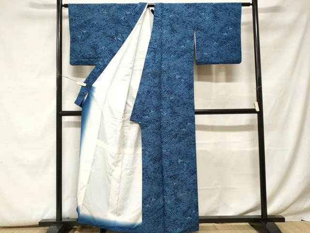 平和屋着物■小紋　藍　型染め　花蝶文　洗える着物　CABF9627ev