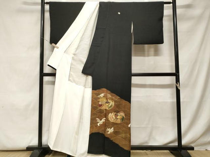 平和屋着物■豪華黒留袖 刺繍 立波鴛鴦文 金彩 正絹 逸品 CABF9656ev
