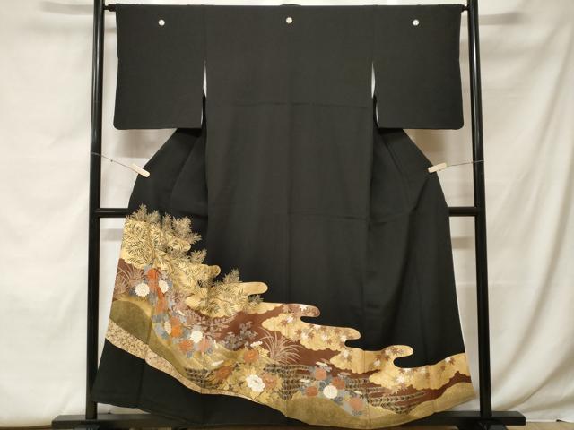 平和屋着物■豪華黒留袖 駒刺繍 流水枝花文 金彩 正絹 逸品 CABF9663ev