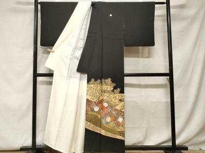 平和屋着物■豪華黒留袖 駒刺繍 流水枝花文 金彩 正絹 逸品 CABF9663ev