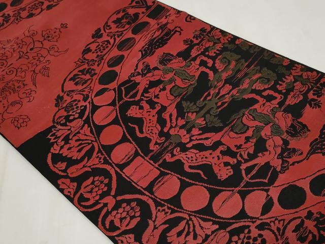 平和屋着物◎六通柄袋帯　狩猟文　黒地　金糸　正絹　逸品　CABF9678ev