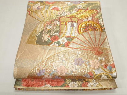平和屋着物◎佐賀錦　西陣　野々村織物謹製　六通柄袋帯　唐織　扇面御所車花蝶文　金銀糸　正絹　逸品　CABF9681ev