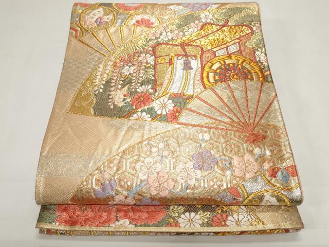 平和屋着物◎佐賀錦　西陣　野々村織物謹製　六通柄袋帯　唐織　扇面御所車花蝶文　金銀糸　正絹　逸品　CABF9681ev