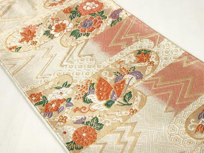 平和屋着物◎六通柄袋帯　花蝶文　金銀糸　正絹　逸品　CABF9684ev