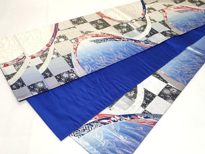平和屋着物◎六通柄袋帯　市松扇面花文　銀糸　正絹　逸品　CABF9690ev