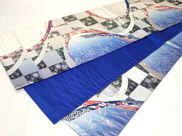 平和屋着物◎六通柄袋帯　市松扇面花文　銀糸　正絹　逸品　CABF9690ev