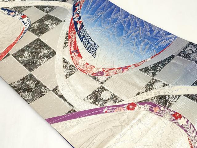 平和屋着物◎六通柄袋帯　市松扇面花文　銀糸　正絹　逸品　CABF9690ev
