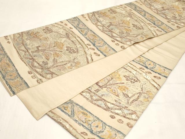 平和屋着物◎六通柄袋帯　横段枝花文　金糸　正絹　逸品　CABF9703ev