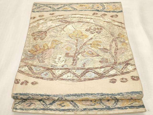 平和屋着物◎六通柄袋帯　横段枝花文　金糸　正絹　逸品　CABF9703ev