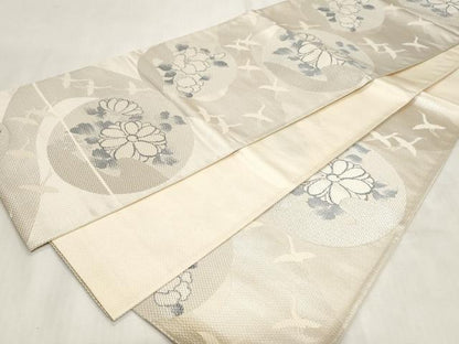 平和屋着物◎六通柄袋帯　飛鶴花丸文　銀糸　正絹　逸品　未使用　CABF9712ev