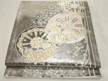 平和屋着物◎佐賀錦　太鼓柄袋帯　源氏車花文　金銀糸　正絹　逸品　CABF9713ev