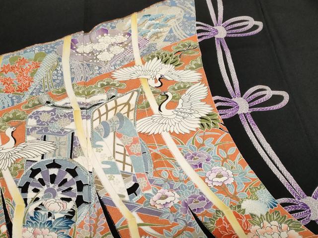 平和屋着物■豪華黒留袖　駒刺繍　御所車飛鶴几帳花文　金彩　正絹　逸品　CABF9787ev