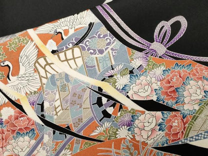 平和屋着物■豪華黒留袖　駒刺繍　御所車飛鶴几帳花文　金彩　正絹　逸品　CABF9787ev