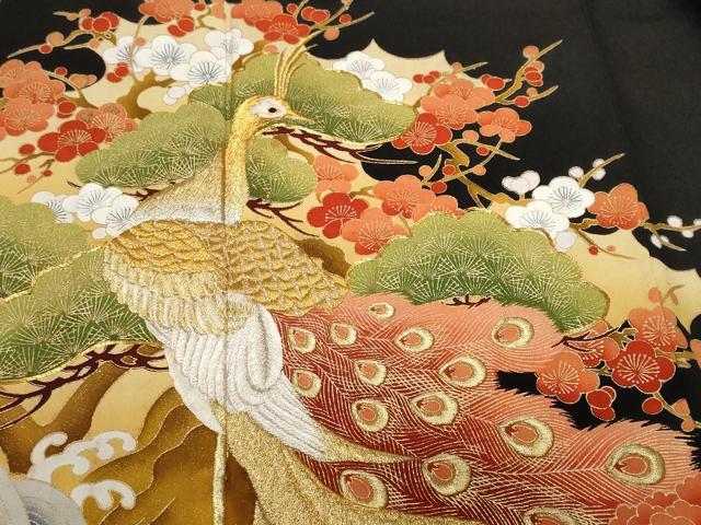 平和屋着物■豪華黒留袖　駒刺繍　松竹梅孔雀花文　金彩　正絹　逸品　CABF9797ev