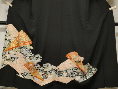 平和屋着物■豪華黒留袖　駒刺繍　檜扇御所解文　金彩　正絹　逸品　CABF9804ev