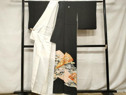 平和屋着物■豪華黒留袖　駒刺繍　檜扇御所解文　金彩　正絹　逸品　CABF9804ev