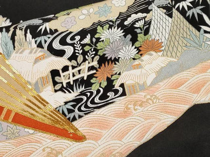 平和屋着物■豪華黒留袖　駒刺繍　檜扇御所解文　金彩　正絹　逸品　CABF9804ev