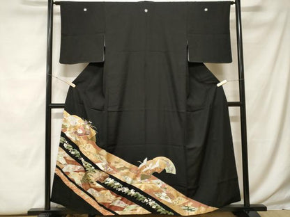 平和屋着物■豪華黒留袖　駒刺繍　松竹梅　地紙扇面花筏文　金彩　正絹　逸品　CABF9805ev