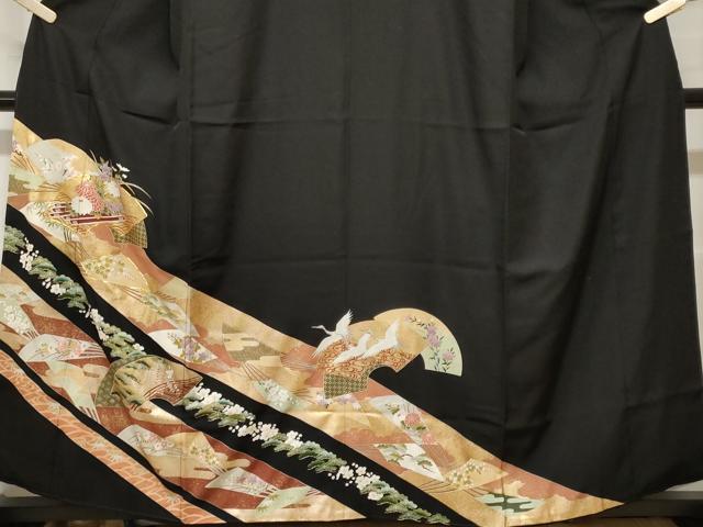 平和屋着物■豪華黒留袖　駒刺繍　松竹梅　地紙扇面花筏文　金彩　正絹　逸品　CABF9805ev